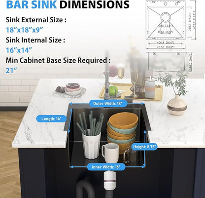 18 In Gunmetal Black Drop Bar Sink 18 x 18 Inch Kitchen Sink 18 Gauge Stainless Steel Single Bowl Topmount Handmade Sink for Outdoor, RV, 18x18x9