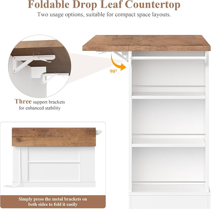 Kitchen Storage Island with 2 Stools, 51.2” Mobile Kitchen Cart with Drop Leaf & Power Outlet, Rolling Island Table Dining Room Buffet with 2 Drawers & Side Storage Rack &Towel Rack, White