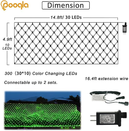 Pooqla 14.8x4.9 ft Net Lights, 300 LED Outdoor Green Halloween Lights with 8 Lighting Modes, Connectable Waterproof Mesh String Fairy Light for Bushes Tree Garden Christmas Decor | 300 LED Large Net Mesh Lights Plug in, 8 Modes Waterproof Connectable B...