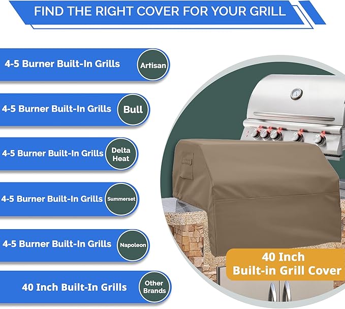 Covers & All Built-in Grill Cover for Outdoor Grill – Heavy Duty 12 oz Waterproof Built-in BBQ Grill Cover, PVC-Coated Polyester with Elastic Hem for Snug Fit (40.5 x 26.75 x 22.25 inches, Beige)
