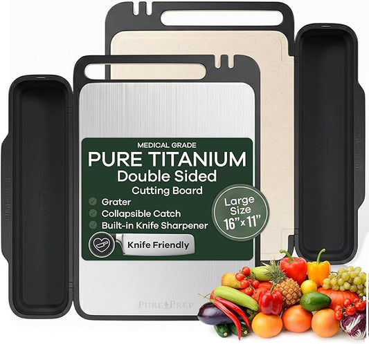 PURE-PREP Titanium Cutting Board - Double-Sided Design with Titanium Cutting Board and Wheat Straw PP for Kitchen Use - Chopping Board with Collapsible Catch, Grater, Knife Sharpener - Large 16”x11”