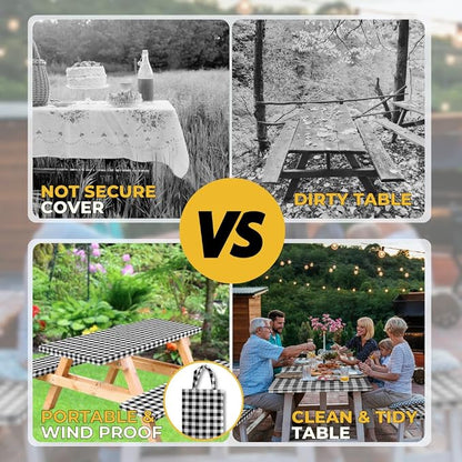 Vinyl Fitted Picnic Table Cover with Bench Covers & Bag 8ft Black Checkered | Vinyl Fitted Picnic Table Cover with Bench Covers and Bag, Outdoor Waterproof Windproof Picnic Tablecloth with Elastic Edges.
