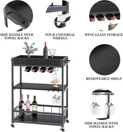 Bar Cart Serving Wine 3 Tier Home Rolling Rack with Wheels Mobile Kitchen Industrial Vintage Style Wood Metal Serving Trolley Serving Cart, Drink Cart for Living Room Kitchen