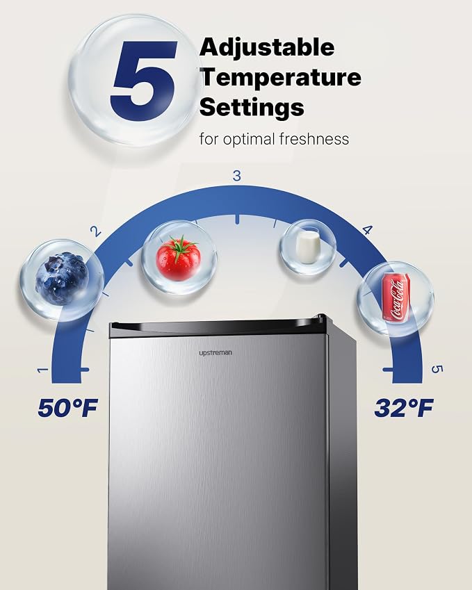 Upstreman 3.2 Cu.Ft Mini Fridge with Freezer, Stainless Steel-SR321 | Adjustable Thermostat, Energy Saving, Low Noise, Reversible Door, Small Refrigerator for Dorm, Bedroom, Office