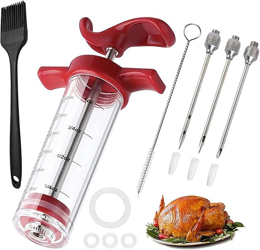 Meat Injector Syring-e Kit,3 Needles Porous Turkey Injector for Meats with Cleaning Brush,Marinade Injector Syring-e for BBQ Grill with Black Oil Brush Easy to Use and Clean