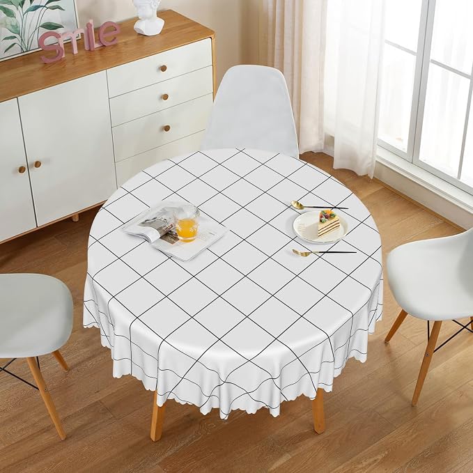 White Check Round Tablecloth 70x70 Inch Classic Stripes Table Cloth Dust-Proof Circle Table Cover Protector for Home Restaurant Picnic Camping BBQ Waterproof Resistant Polyester Tablecloths
