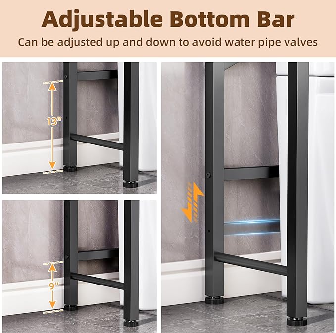 Kalrin Over The Toilet Storage Cabinet with Fluted Wave Doors and Adjustable Shelf, Wood Over Toilet Storage Rack with Drain Basket, Freestanding Bathroom Organizer for Balcony Laundry, Wood & Black