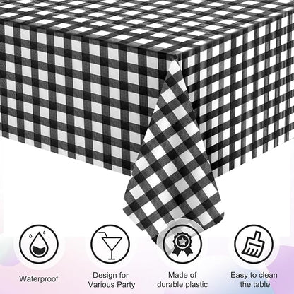 6Pcs Black and White Gingham Tablecloth Decorations, Disposable Plastic Black Checkered Tablecloth Buffalo Plaid Table Cover for Baby Shower Bridal Wedding Birthday Party Supplies,54 x 108 Inch
