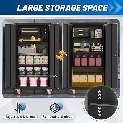 Metal Storage Cabinet with Wheels,71" Garage Cabinets with 4 Adjustable Shelves and Lockable Doors,Black Locking Cabinet Suitable for Garages,Home,Office