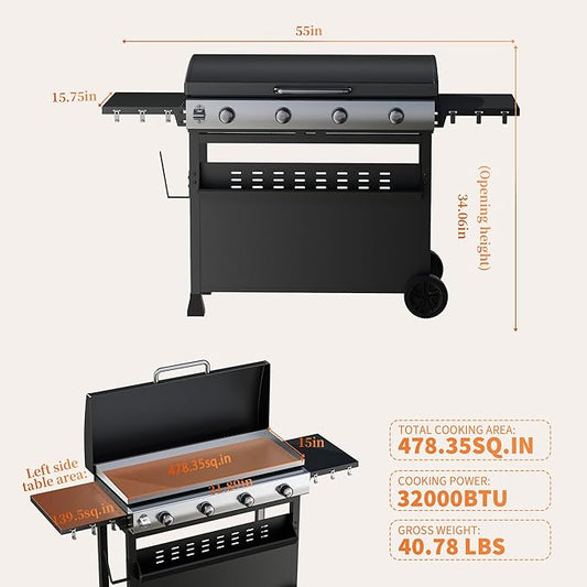 Garvee 4 Burner Propane Gas Griddle with Removable Cart – Convertible Flat Top Grill with Hood, 32,000 BTU Portable Griddle for Camping, Tailgating, Backyard – Black