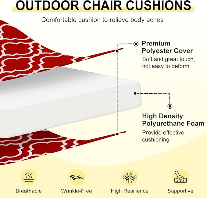 downluxe Outdoor Chair Cushions Set of 4 for Patio Furniture, Water-Resistant Patio Chair Cushions with Ties, High Density Foam Outdoor Seat Cushion, 17" X 16" X 2", Red Gourd