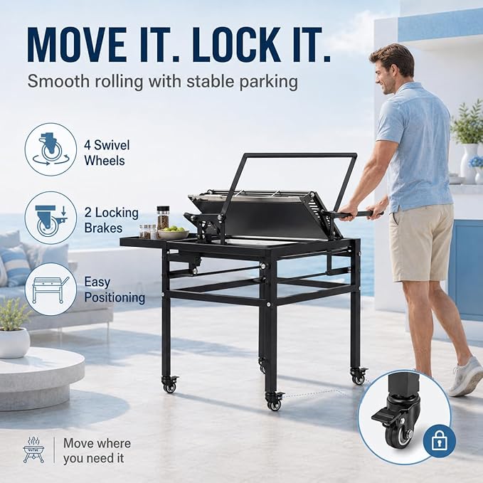 Rotating BBQ Grill with Cart 360° Rotating Cooking Grid Grills Removable Portable Grillfor for Outdoor Barbecues, Picnics, Camping, Places Such As Backyards