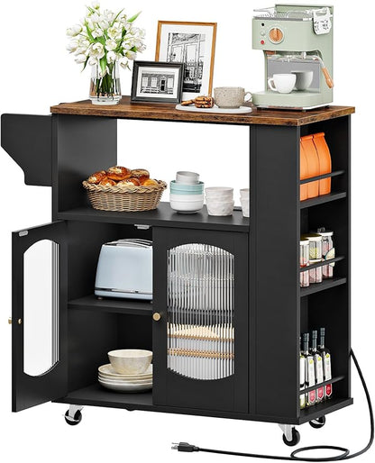 HOOBRO Kitchen Island with Power Outlet, Rolling Kitchen Island with Glass Doors and Open Storage Shelf, Island Table with Spice Rack, Towel Rack for Kitchen, Rustic Brown and Black BF53UZD01