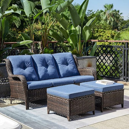 Rilyson Outdoor Patio Wicker Sofa, 900Lbs Weight Capacity Large 3 Seater Wicker Patio Couch with 4in Seat Cushions and Deep Seating, All Weather for Backyard, Garden, Poolside (Brown/Blue)