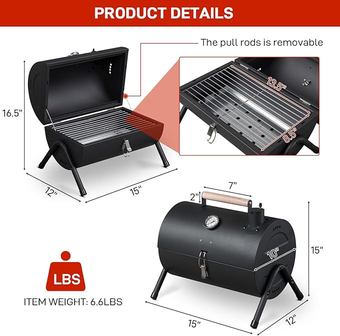 Portable Charcoal Grill, Tabletop Outdoor BBQ Smoker with Chimney, Built-in Thermometer & Wooden Handle, Foldable Camping Grill for Outdoor Cooking Camping,Picnics,Backyard, Black (42 * 30 * 36cm)