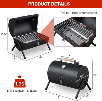Portable Charcoal Grill, Tabletop Outdoor BBQ Smoker with Chimney, Built-in Thermometer & Wooden Handle, Foldable Camping Grill for Outdoor Cooking Camping,Picnics,Backyard, Black (42 * 30 * 36cm)