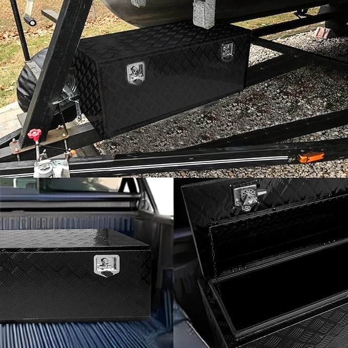 48 * 18 * 18 Aluminum Heavy Duty Diamond Plate ToolBox Chest Box Pick Up Truck Bed RV Trailer Toolbox Storage Organizer with T-Handle Latch Dual Lock Keys - Black
