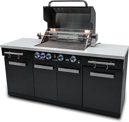 Mont Alpi Premium 70"W x 24"D Black Stainless Steel Compact Outdoor Kitchen Island with Access Doors + 32"W 4-Burner BBQ Grill with Infrared Rear Burner + Storage Cabinets + White Granite Countertops