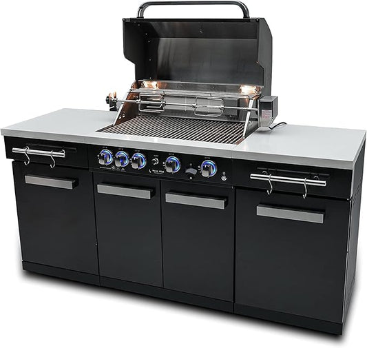 Mont Alpi Premium 70"W x 24"D Black Stainless Steel Compact Outdoor Kitchen Island with Access Doors + 32"W 4-Burner BBQ Grill with Infrared Rear Burner + Storage Cabinets + White Granite Countertops