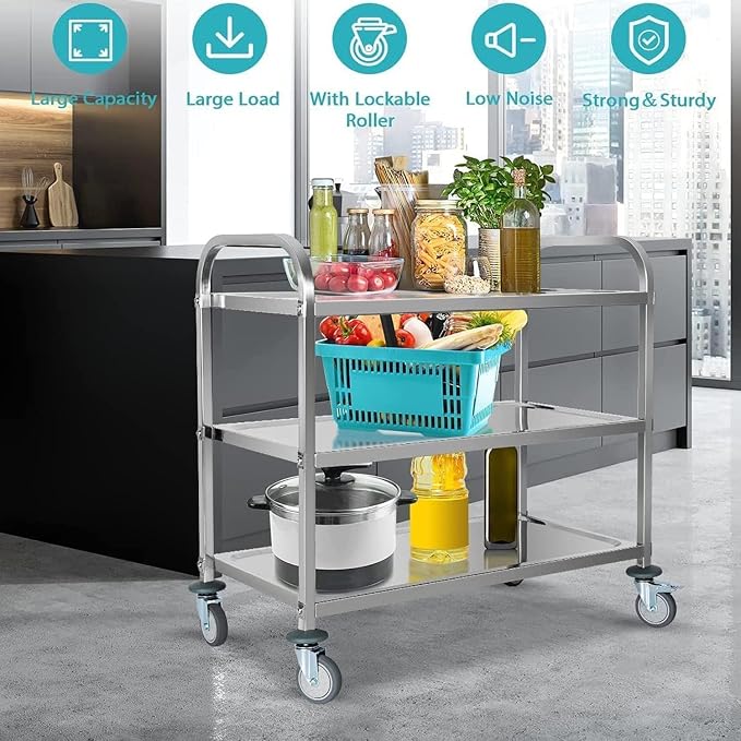 tonchean Extra Large 3 Tier Stainless Steel Cart 37.4 x 19.7 x 37.4 Inch | Kitchen Trolley Cart Serving Cart Kitchen Utility Rolling Cart Service Catering Storage Cart with Locking Wheels