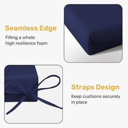 UNIKOME Outdoor Chair Cushions Pack of 4, Water Resistant Patio Cushions with Ties, High Density Sponge Filling Square Corner Seat Cushions for Outdoor Furniture, 19"*19"*3", Navy Blue