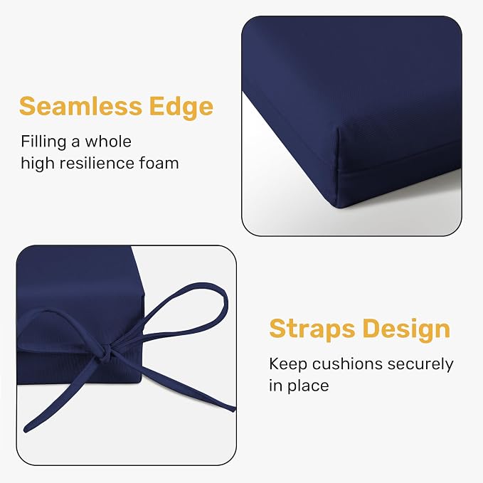 UNIKOME Outdoor Chair Cushions Pack of 4, Water Resistant Patio Cushions with Ties, High Density Sponge Filling Square Corner Seat Cushions for Outdoor Furniture, 24"*24"*4", Navy Blue