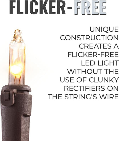 612 Vermont 100 LED Clear Christmas String Lights, Brown Wire Cord | Flicker-Free LED Technology, Warm-White, UL Approved Indoor Outdoor Use, 24.75 Foot Lighted Length, 25.4 Foot Total Length
