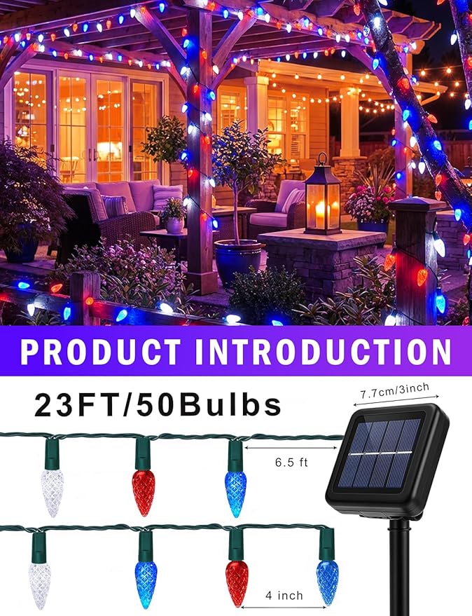 2 Pack C6 Strawberry String Lights, 50 LED Red White Blue Solar Powered Waterproof 8 Modes Outdoor Garden Patriotic Lights for 4th of July Decor