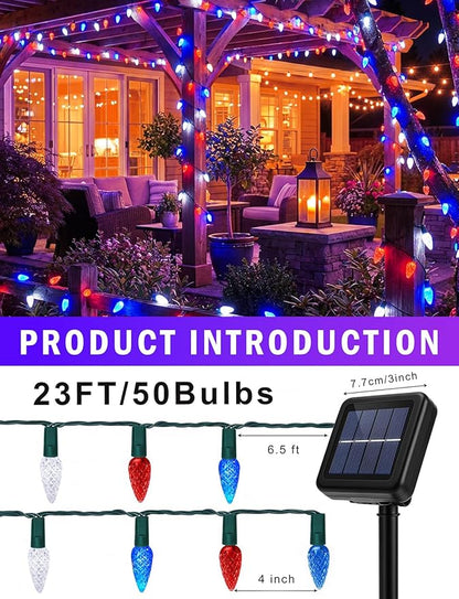 2 Pack C6 Strawberry String Lights, 50 LED Red White Blue Solar Powered Waterproof 8 Modes Outdoor Garden Patriotic Lights for 4th of July Decor