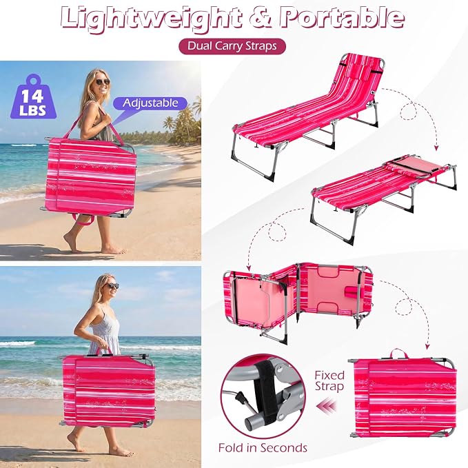 GYMAX Tanning Chair, 3 in 1 Sun Bathing Lounge Chairs with Face/Arm Holes & Side Pocket, Portable Lightweight Face Down Layout Tanning Chair for Outside, Beach, Backyard, Poolside (1, Pink Stripe)