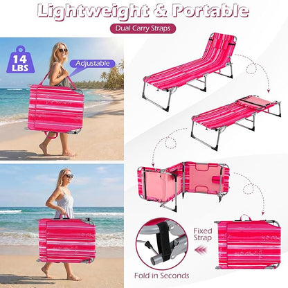 GYMAX Tanning Chair, 330LBS Beach Lounge w/Face Arm Hole & Shoulder Strap, Folding Layout Sunbath Chair, Face Down Outdoor Chaise Lounger for Patio, Poolside, Lawn, Backyard (1, Pink Stripe)