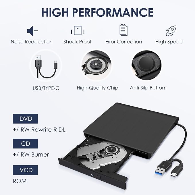 External CD/DVD Drive for Laptop, Type-C CD/DVD Player USB 3.0 Portable Burner Writer Reader Compatible with Mac MacBook Pro/Air iMac Desktop Windows 7/8/10/XP/Vista (Black)