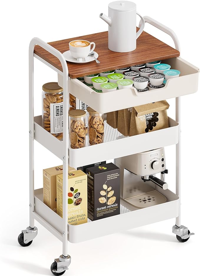 TOOLF 3 Tier Rolling Cart with Drawer, Metal Utility Storage Cart, White | Wooden Tabletop, Lockable Metal Wheels, Trolley Organizer for Bathroom, Kitchen, Office, Nursery, Dorm, Laundry, Craft Room