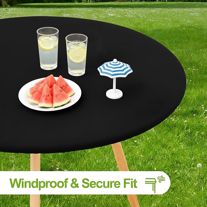 Smiry Round Spandex Tablecloth, Elastic Fitted Washable Tablecloths for 25"-30" Tables, Waterpoof Stretch Picnic Table Cover for Dining, Indoor and Outdoor, Black