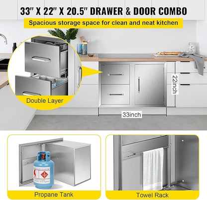 VEVOR Outdoor Kitchen Door Drawer Combo, 32.5" W x 21.6" H x 20.5" D, Access Door/Double Drawers with Paper Towel Rack, Stainless Steel Handles for BBQ Islands