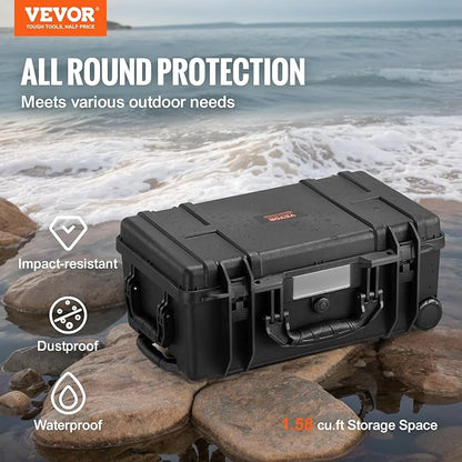 VEVOR Weatherproof Hard Case, Heavy Duty Protective Dry Box with Pre-Cut Foam, Wheels & Retractable Pull Handle for Travel, Hunt, Military, Tactical, IP67 Waterproof Case for Cameras (21.7*13.4*9.5")