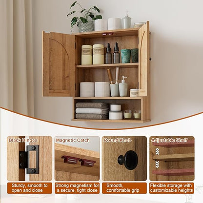 Medicine Cabinet, Over The Toilet Storage Cabinet, Bathroom Wall Storage Cabinet with Arched Doors & Adjustable Shelves, Wall Mounted Bathroom Cabinet for Kitchen, Laundry Room, Living Room,Natural