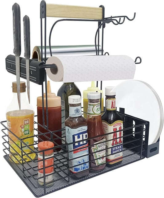 Grill Caddy,BBQ Condiment Organizer for Outdoor, Camping Tailgating Picnic Kitchen Storage Caddy Kitchen Organizer for Camper Magnetic Tool Holder with Paper Towel Holder with Handle Portable
