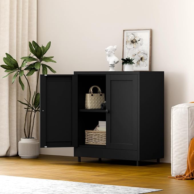 Metal Storage Cabinet with 2 Doors and Adjustable Shelf, Steel Sideboard Buffet Cabinet for Home Office Hallway Entryway Kitchen Living Dining Room (Black)