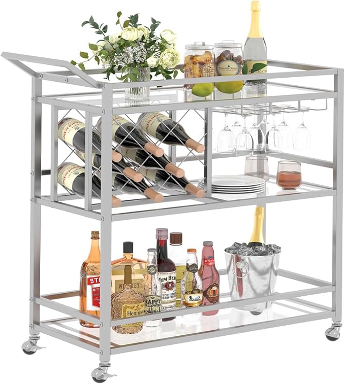 Bar Cart Silver, Bar Carts for The Home, Home Bar Serving Carts for Liquor, Rolling Wine Cart with 3 Tier Mirrored Shelves on Wheels for Alcohol and Beverage (Silver)