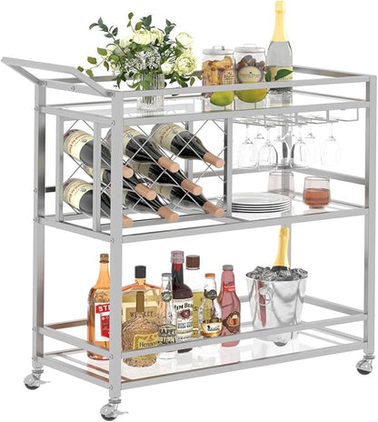 Bar Cart Silver, Bar Carts for The Home, Home Bar Serving Carts for Liquor, Rolling Wine Cart with 3 Tier Mirrored Shelves on Wheels for Alcohol and Beverage (Silver)