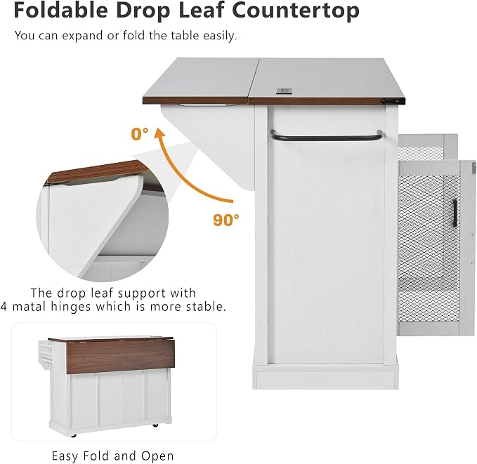 Merax Farmhouse 58" Kitchen Island on 5 Wheels with Drop Leaf Table, White | Wood Kitchen Rolling Cart with Power Outlet & Glass Holders, Spice Rack & Sliding Barn Door, 3 Drawers & Cabinet