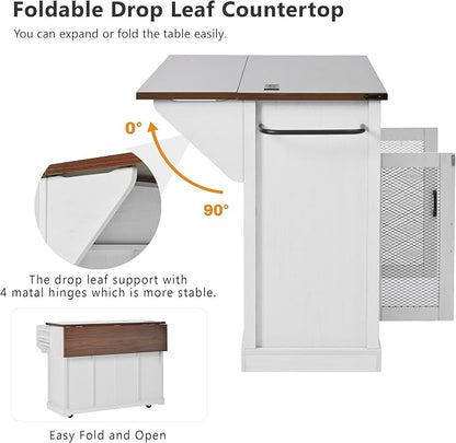 Bellemave 58" Farmhouse Kitchen Island cart with Charging Station and with Storage, Sliding Barn Door & Metal Grid Side Door, Rolling Kitchen Island Table with 5 Wheels with Spice Rack, White