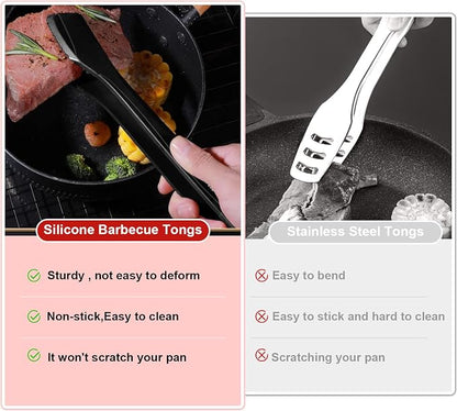 Silicone BBQ Tongs, Stainless Steel Clamp for Grilling & Salad | 11" silicone kitchen tongs, stainless steel BBQ clamp, multipurpose for bread, steak, fish & salad, heat-resistant & non-slip