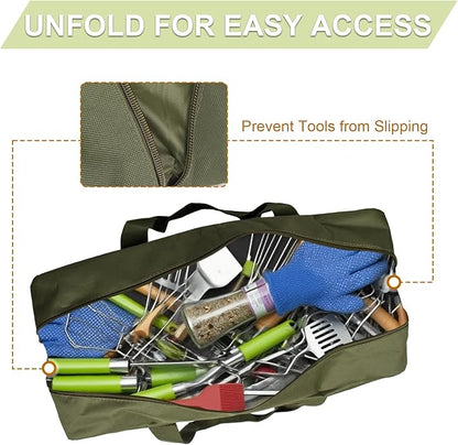22" Upgraded Grill Tools Storage Bag, BBQ Utensil Holder with Pockets, Carry Bag for Outdoor Camping & Hiking BBQ, Gift for Men, Green