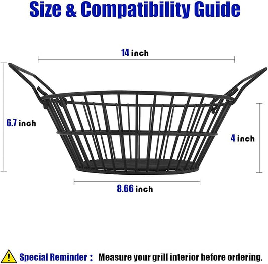 14" Foldable Charcoal Basket for Big Green Egg Large, Heavy Duty Porcelain Steel Ash Basket for Kamado Grill, Collapsible Handle (Black, L)