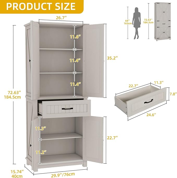 DWVO 72" Tall Farmhouse Pantry Cabinet, Kitchen Storage Pantry with Barn Doors & Drawer, Versatile Organizer with Adjustable Shelves, Rustic Cupboard for Dining Room, Living Room, White Oak | Tall Farmhouse Kitchen Pantry Cabinet, Kitchen Cupboard Vers...