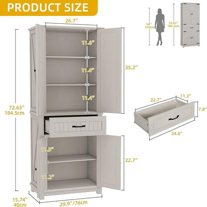DWVO 72" Tall Farmhouse Pantry Cabinet, Kitchen Storage Pantry with Barn Doors & Drawer, Versatile Organizer with Adjustable Shelves, Rustic Cupboard for Dining Room, Living Room, White Oak | Tall Farmhouse Kitchen Pantry Cabinet, Kitchen Cupboard Vers...