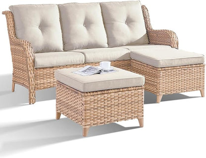 Outdoor Patio Furniture - 3 Seater Outdoor Rattan Wicker Sofa Patio Couch with Ottoman for Porch Deck Garden Backyard - Yellow/Beige