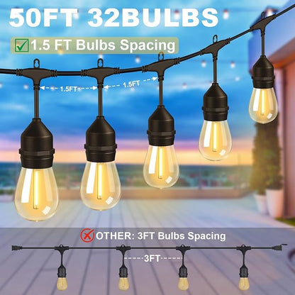 50FT Outdoor String Lights 32Bulbs (1.5FT Bulbs Spacing),120W Dimmer Remote | Patio Lights with IP65 Waterproof, Dimmable & Timing & 3 Mode, Connectable, Zipper Ties for Outside Commercial Backyard